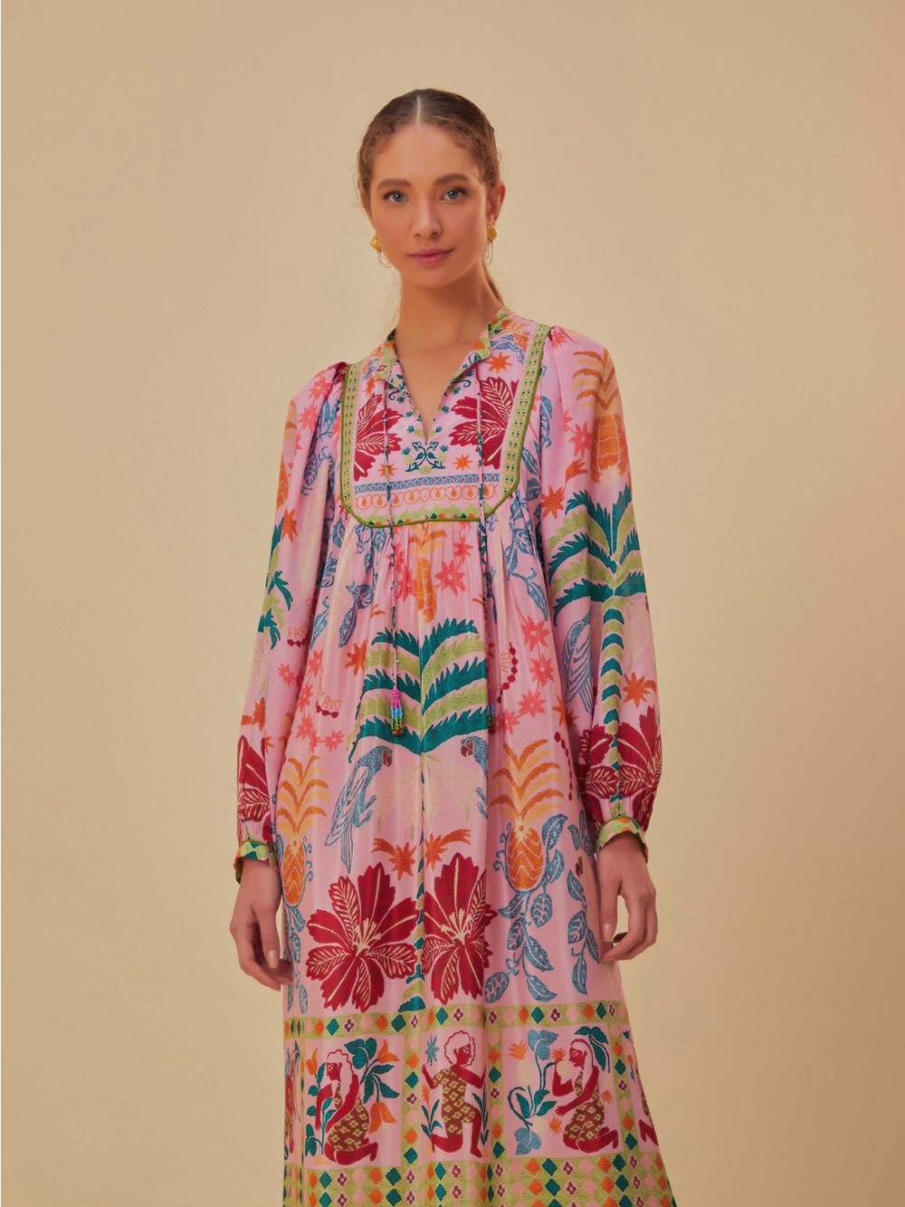 FARM RIO Pink Fruits Queen Scarf Midi
Dress Boho Floral Tropical XL Beaded Flowy - Picture 3 of 15